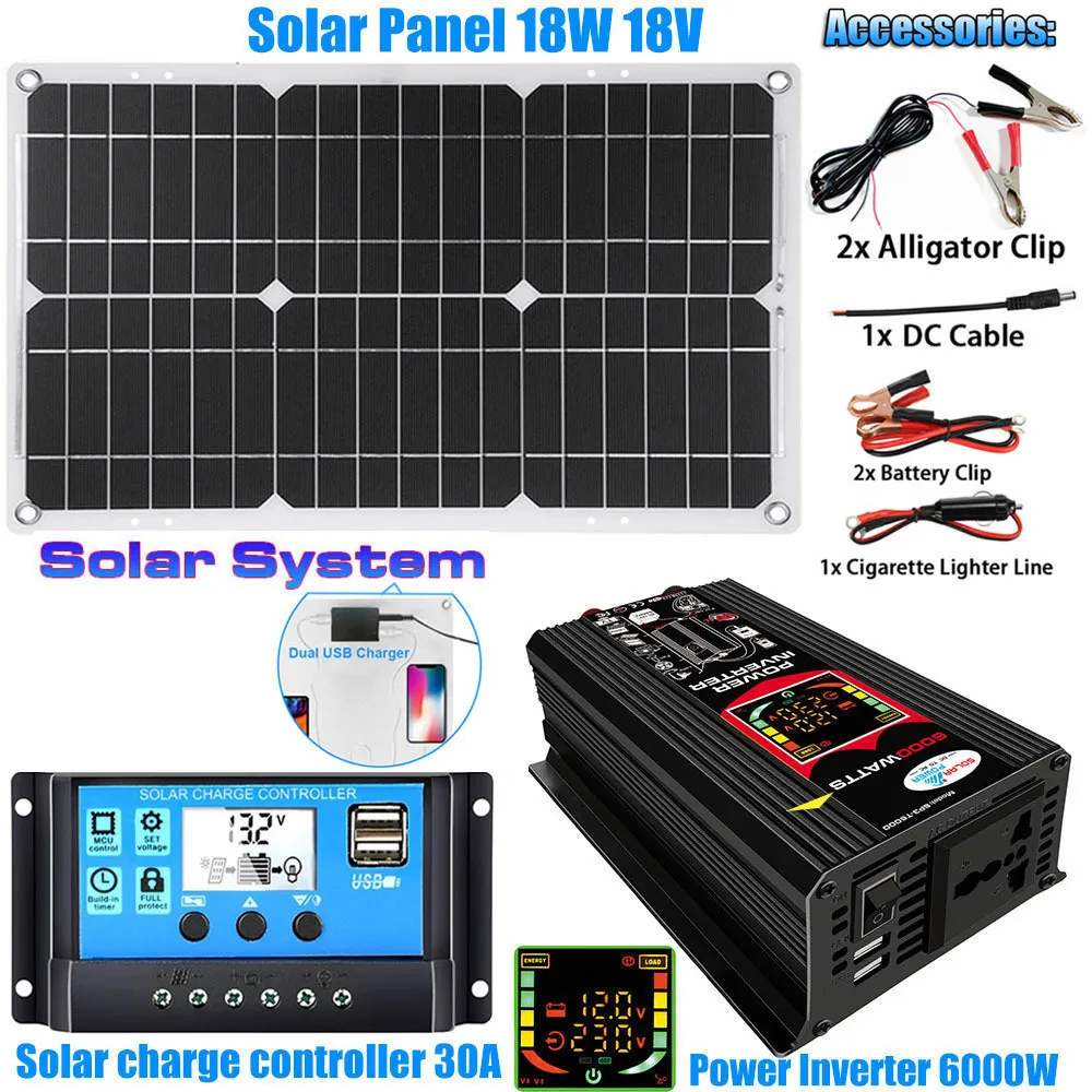 Annan elektronik 12V till 110V/220V Solpanel System 18V Solarpanel Batteriladdningskontroller 6000W Solar Inverter Kit Komplett kraftgenerering 230715