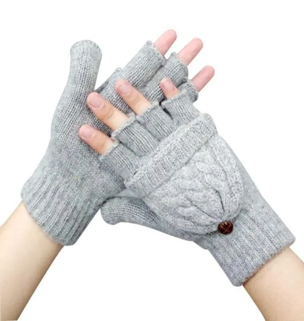 Women Thick Male Fingerless Gloves Winter Exposed Finger Mittens Knitted Warm Flip Half Finger6250630