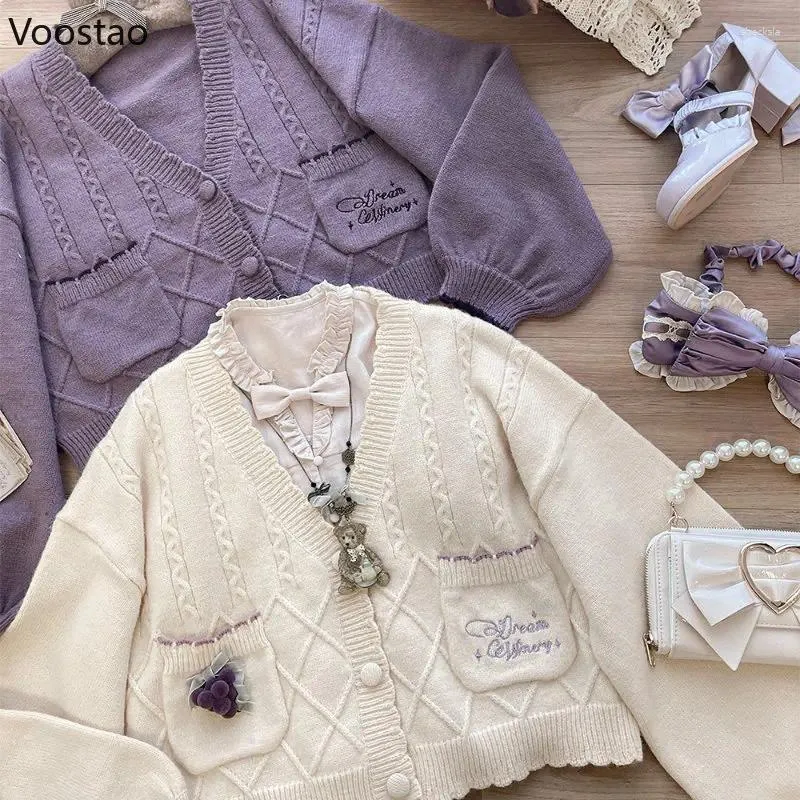 Kvinnors stickor Spring Autumn Vintage Lolita Sticked Cardigan Women Kawaii Purple Grape Manor Embroidery Loose tröja Girl Sweet Knitwear