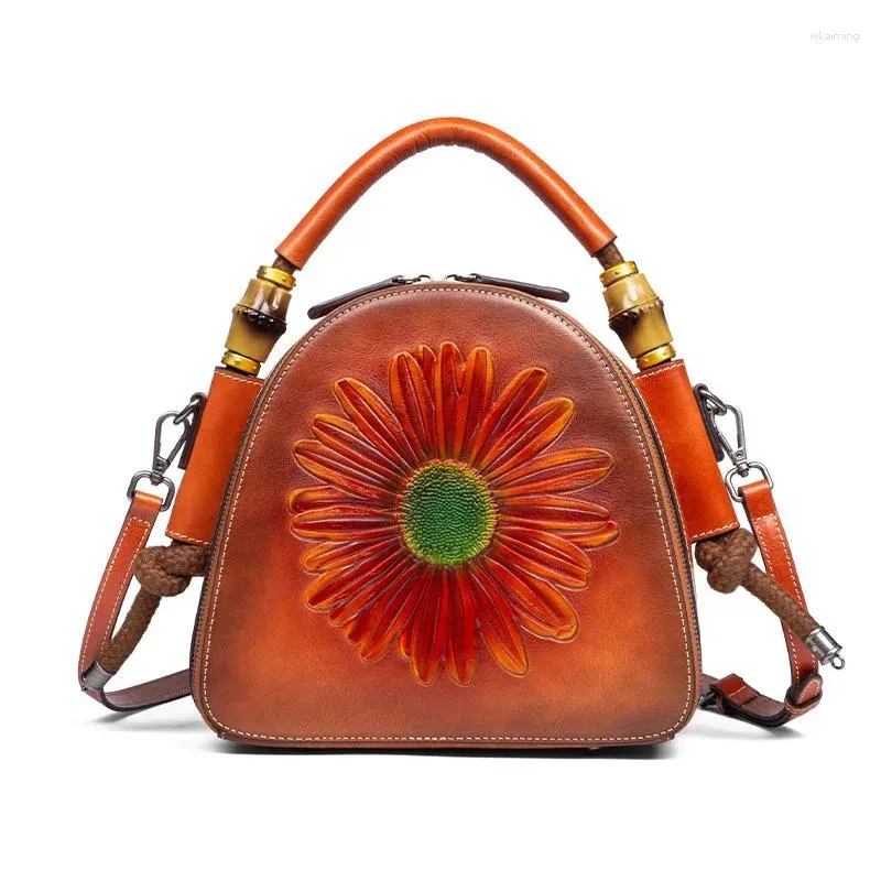 Borse da sera Borsa a tracolla da donna in vera pelle Messenger Borsa a tracolla in rilievo Borsa a forma di fiore del sole in rilievo Designer femminile in vera pelle di vacchetta Una spalla