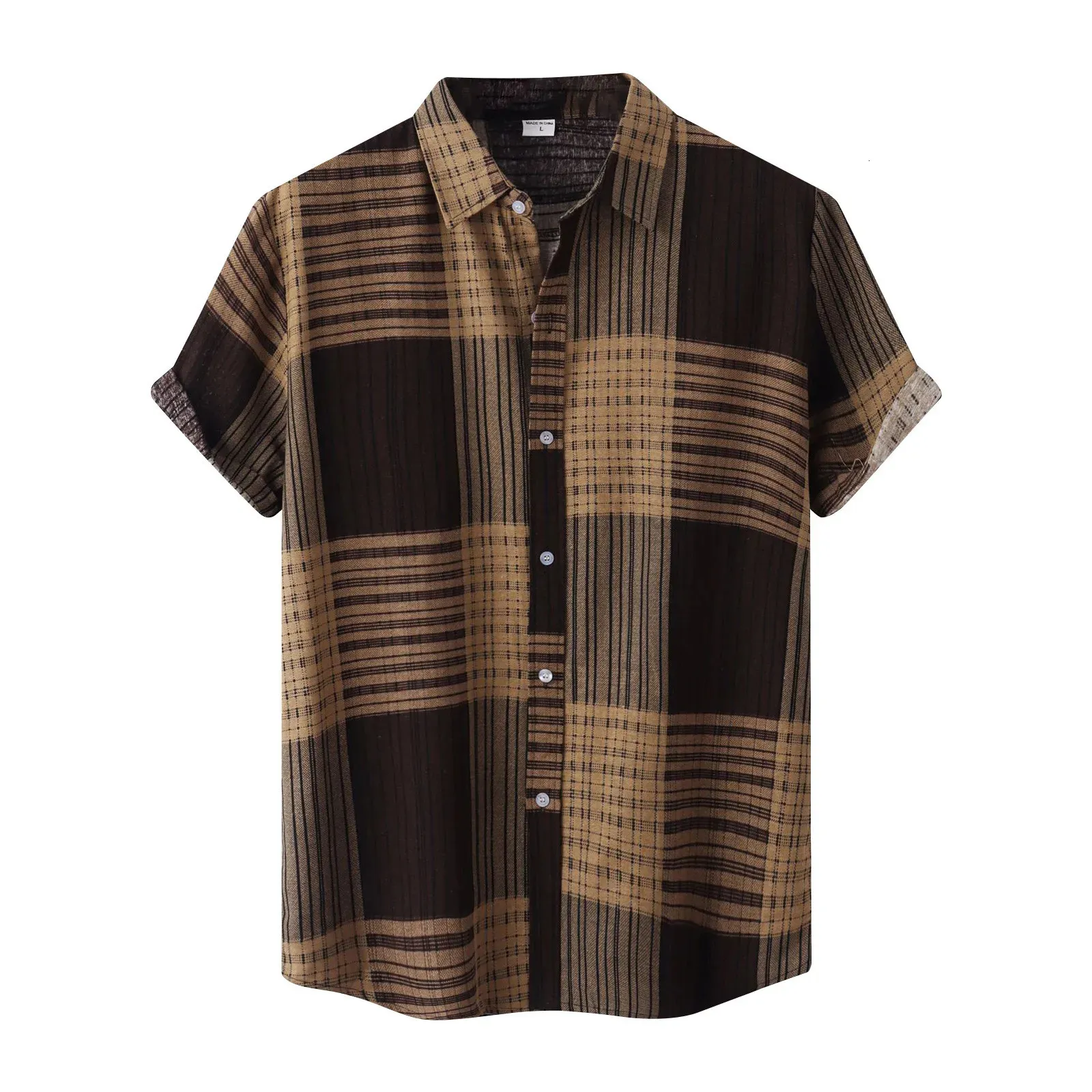 Designer coloré treillis chemises pour hommes Vintage été chemise décontractée à manches courtes coton lin chemise ethnique revers Plaid Camisas 240102
