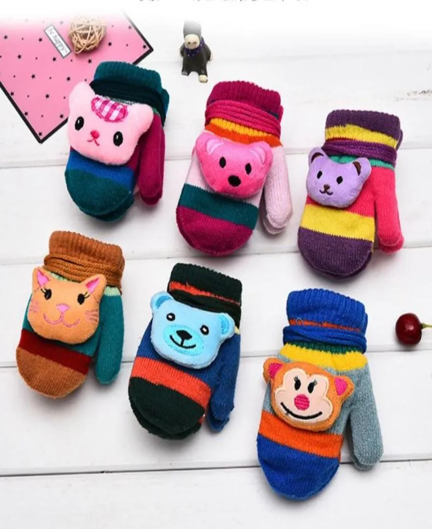 Mise à jour colorée de bande dessinée tête d'animal enfants doubles gants automne et hiver corde suspendue gant épais garçon fille bébé mitaines chaudes4048571