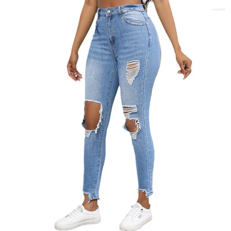 Jeans da donna per pantaloni dritti in denim blu a vita alta con foro moda estiva femminile