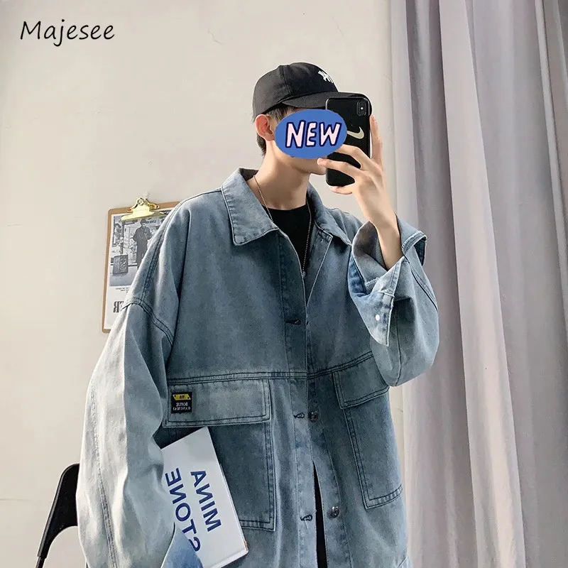 S-3XL Denim Jackets Men Autumn Baggy Big Pockets Korean Style Streetwear Vitality Handsome Blocking Outwear Chic mysig Lapel Ins 240102