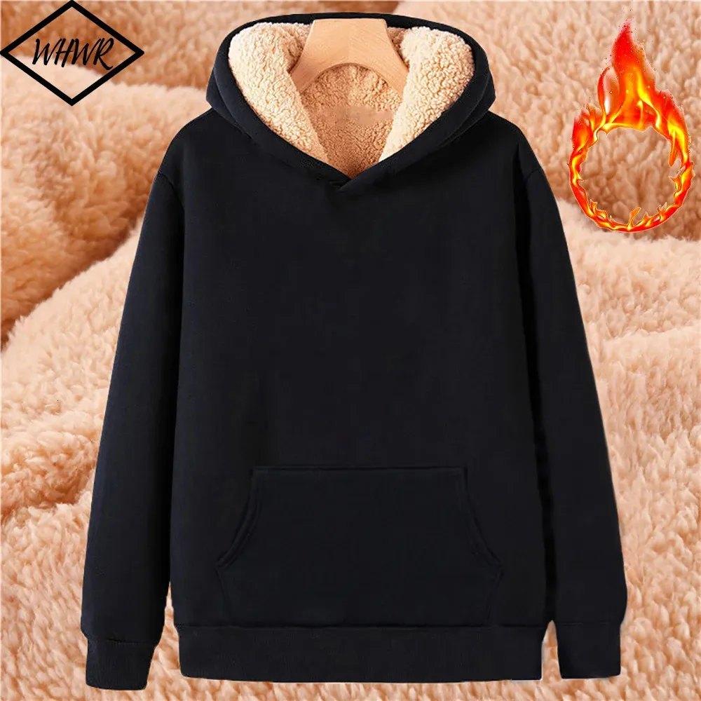 Inverno engrossar homens hoodies lambswool quente com capuz pulôver unisex manga longa camisolas streetwear casual preto topos 240102
