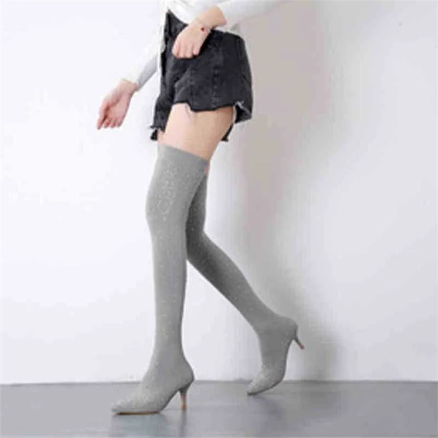 Stövlar Kvinnor Crystal Over The Knee Sock Boots Damer pekade Toe High Heel Woman Pump For Party Women's Thin Heel Kvinna Plus Size Shoe 220913