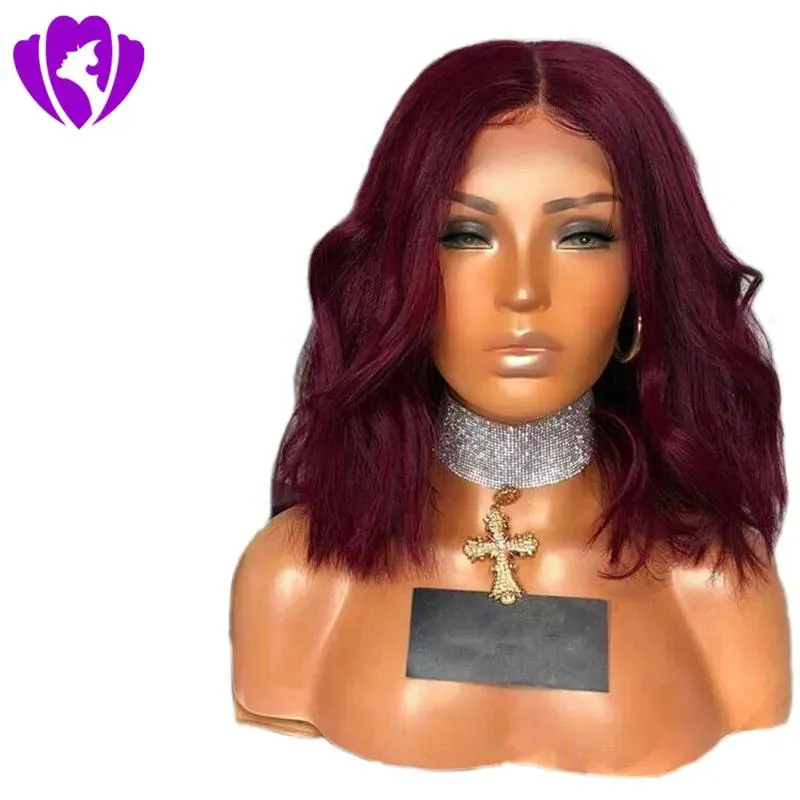 Wigs Middle Part Glueless burgundy color Lace Front bob Wig with baby hair Heat Resistant Short Synthetic Wigs For Women