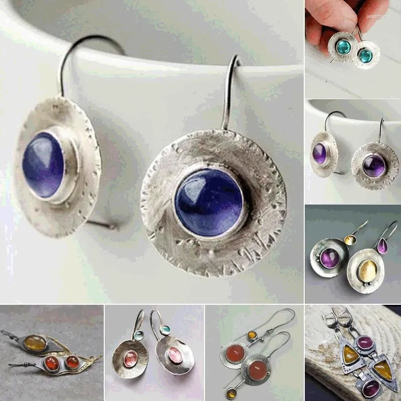 Dangle Earrings Boho Ethnic Drop Earing Vintage Silver Color Metal Round Inlaid Blue Stone for Women Jewelry Gift