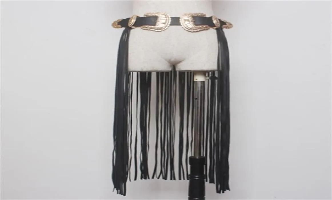 Fantastic Long Fringe Belt Black Designer Belts for Women Faux Leather Long Tassels Double Gold Pin Buckle belt Spot on trendy X032948025