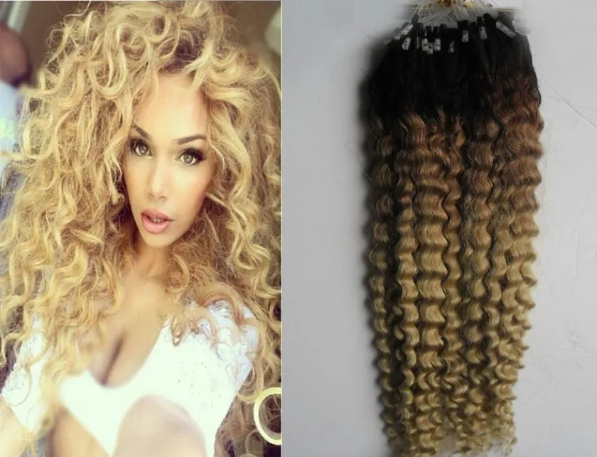 T1b613 Blonde Ombre Cheveux Humains Afro Crépus Bouclés Micro Boucle Anneau Extensions de Cheveux 100gpcs Bouclés Micro Perle Extensions de Cheveux1985528