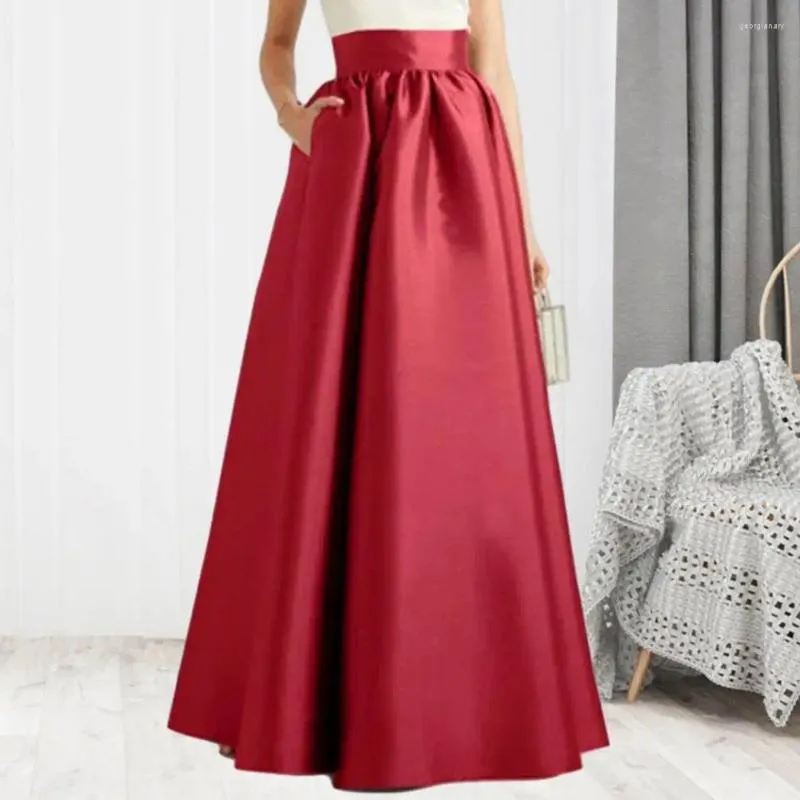Jupes polyvalentes taille haute jupe élégante vintage satin maxi avec poches pour femmes a-ligne longueur de plancher automne