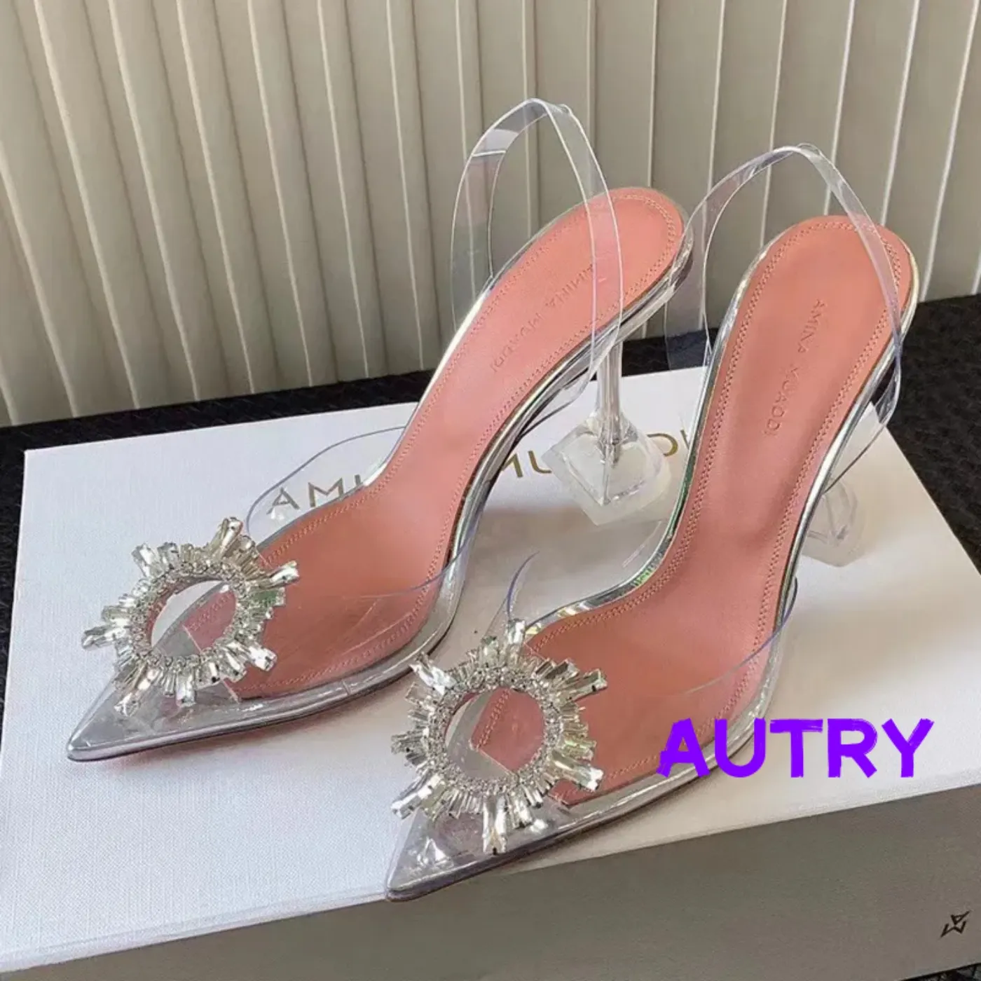 Amina Muaddi Sandals Top Luxury Designer Dress Shoes Bowknot Crystal Diamond Decoration Transparent PVC Wine Cup Heels