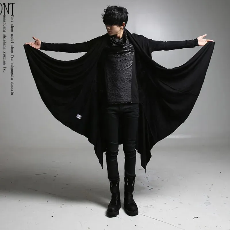 Idopy Korean Fashion Men's Punk Style Black Hoodie Hip Hop Long Cardigan Gothic Sweatshirts Cape Cloak Irregular Hem 240103