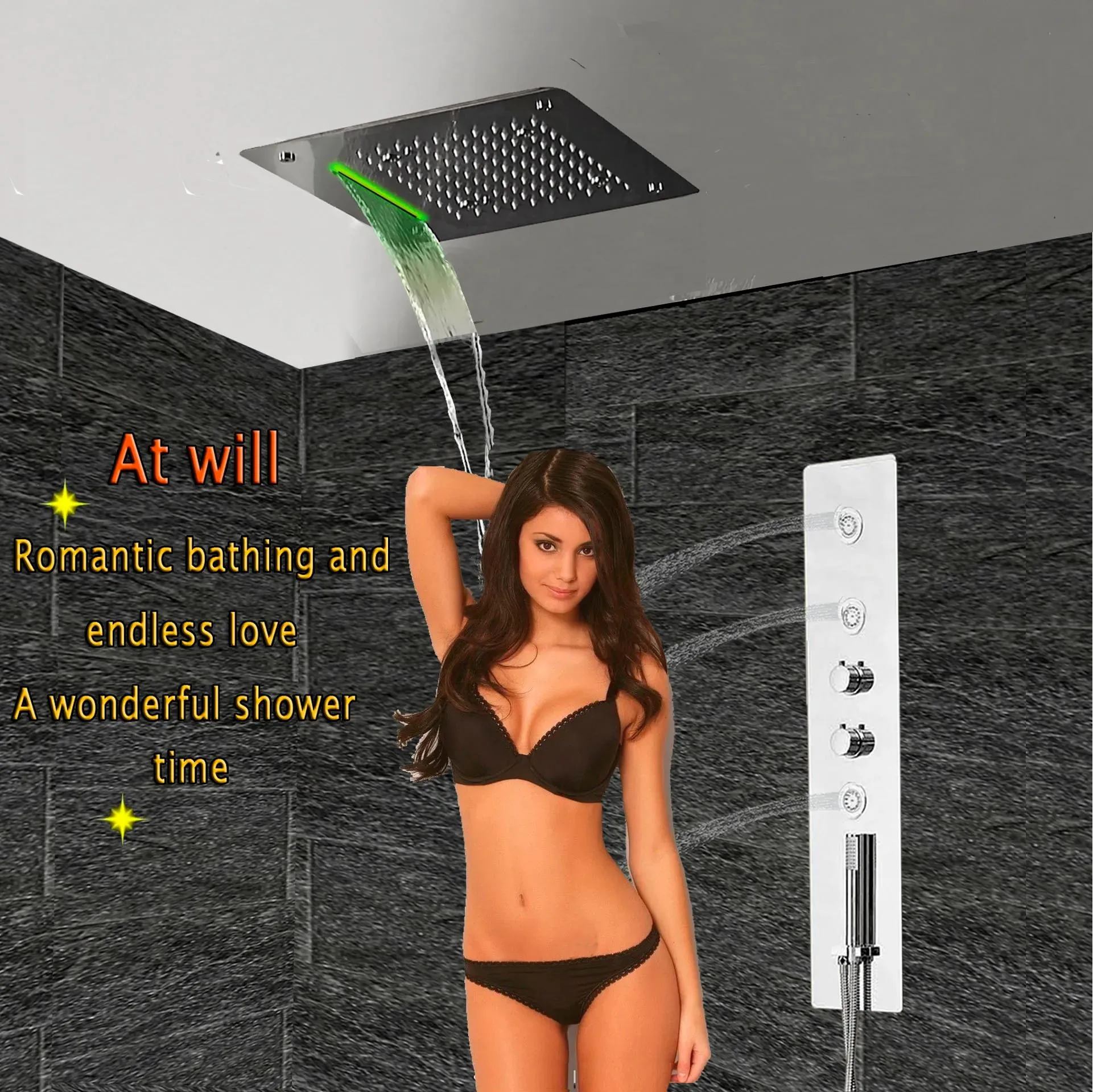 Ensembles panneau de douche de salle de bain avec jets de massage et pomme de douche de plafond à LED, mitigeur thermostatique de bain, robinet de douche cascade de pluie