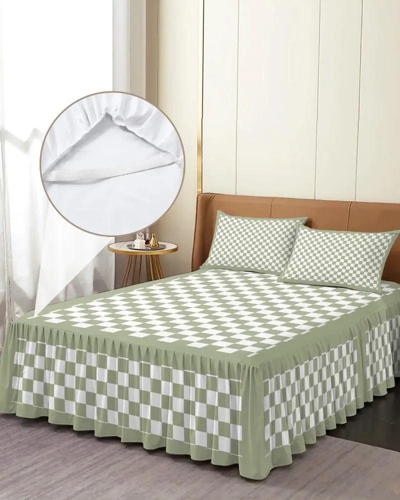 Sängkjol gräs grönt checkerbräda rutig elastisk utrustade sängflöden med kuddväskor madrass täcker sängkläder set ark