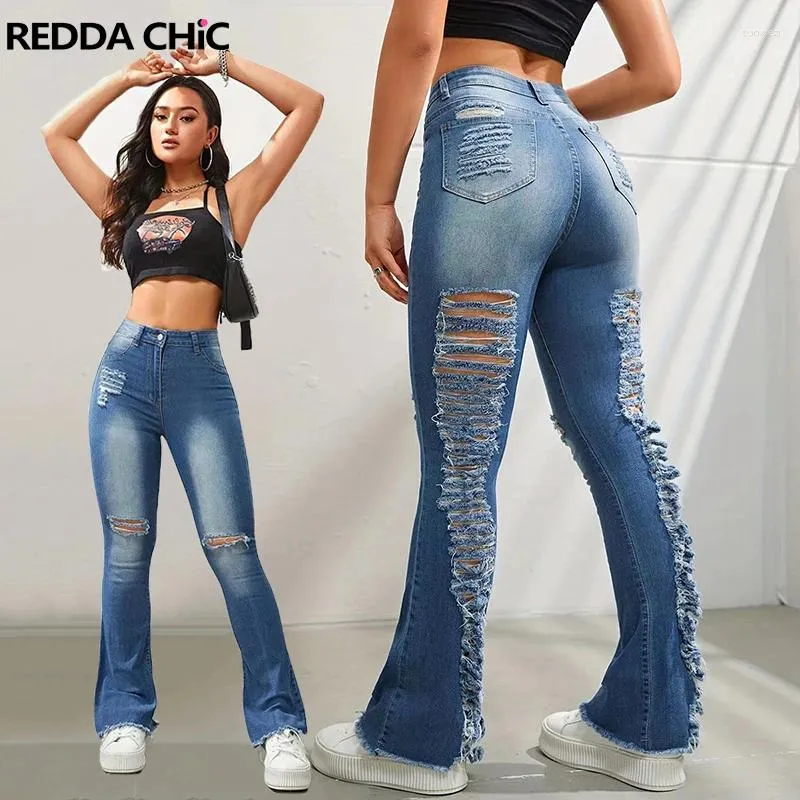 Women's Jeans REDDACHiC Sexy Skinny Destroyed Flare Women Ladder Ripped Holes Blue Wash High Rise Y2k Casual Bootcut Pants Bell Bottoms