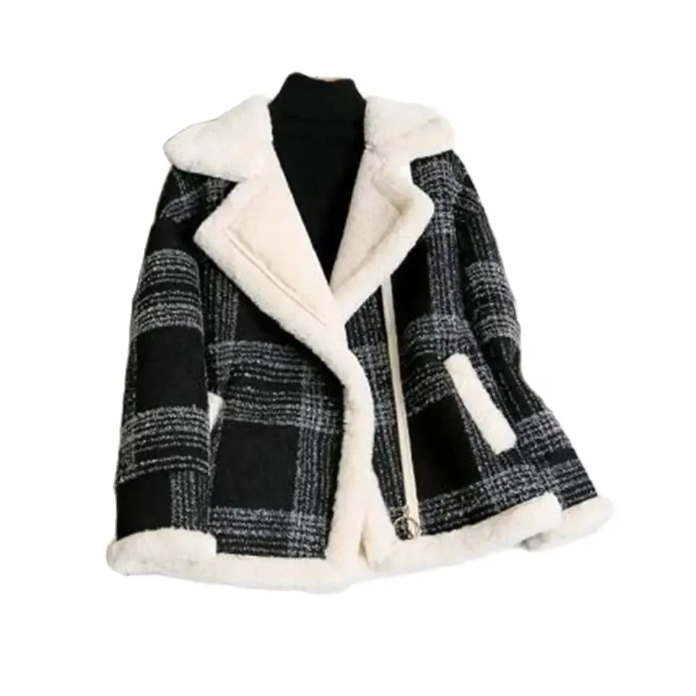 Hiver Plus velours épaissir vêtements d'extérieur veste femme chaud ample Plaid vêtements d'extérieur Faux agneau velours manteaux moto femme Parkas 240103