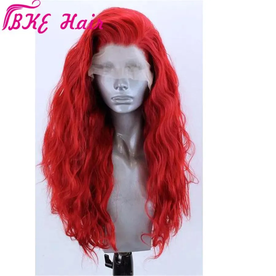 가발 고온 섬유 360 전면 Peruca Perruque 붉은 머리 긴 머리 길이 깊은 파도 합성 레이스 전면 가발