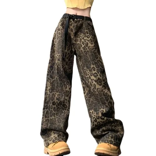Jeans leopardati casual larghi e larghi di alta strada, design femminile di nicchia autunnale, pantaloni a gamba larga dritti e selvaggi a vita alta.