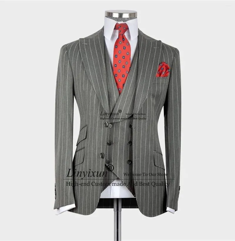 Herrenanzüge schlanker fit grauer gestreieter Anzug für Hochzeits Spitzenrombräutigam Smoking 3 Stück Set Business männlich Blazer Weste Hosen Outfit
