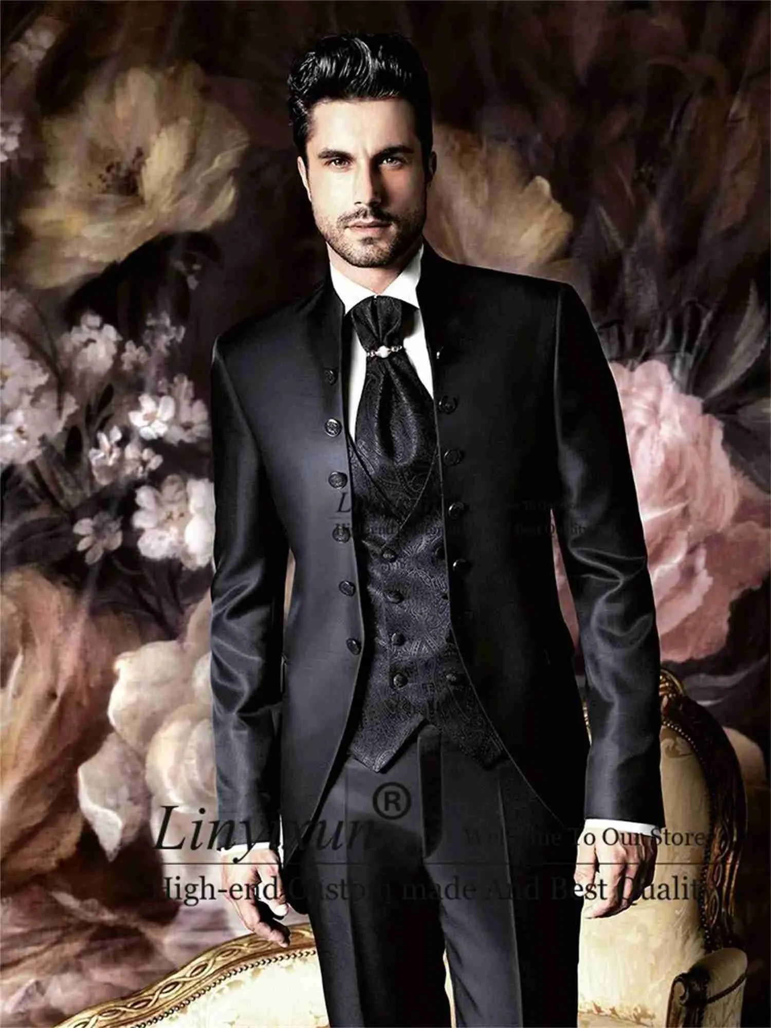 Abiti da uomo Blazer Abiti da uomo classici Risvolto alla coreana Smoking da sposo da sposa Modello nero Gilet Groomsman Blazer 3 pezzi Set Terno Masculino Q230103