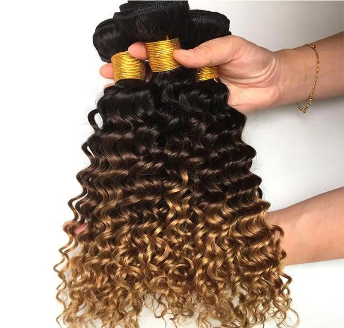 Nouvelle arrivée péruvienne brun foncé blond vierge cheveux humains paquets 3 tons 1B427 couleur vague profonde bouclés extension de cheveux humains 3627829