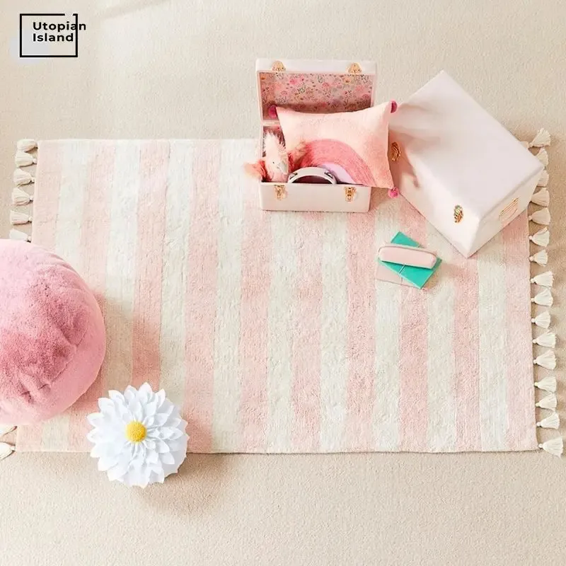 Striped Fluffy Carpet For Living Room Pink Hairy Nursery Play Mat For Children Plush Babi Mats Furry Soft Kids Bedroom Rugs 240103