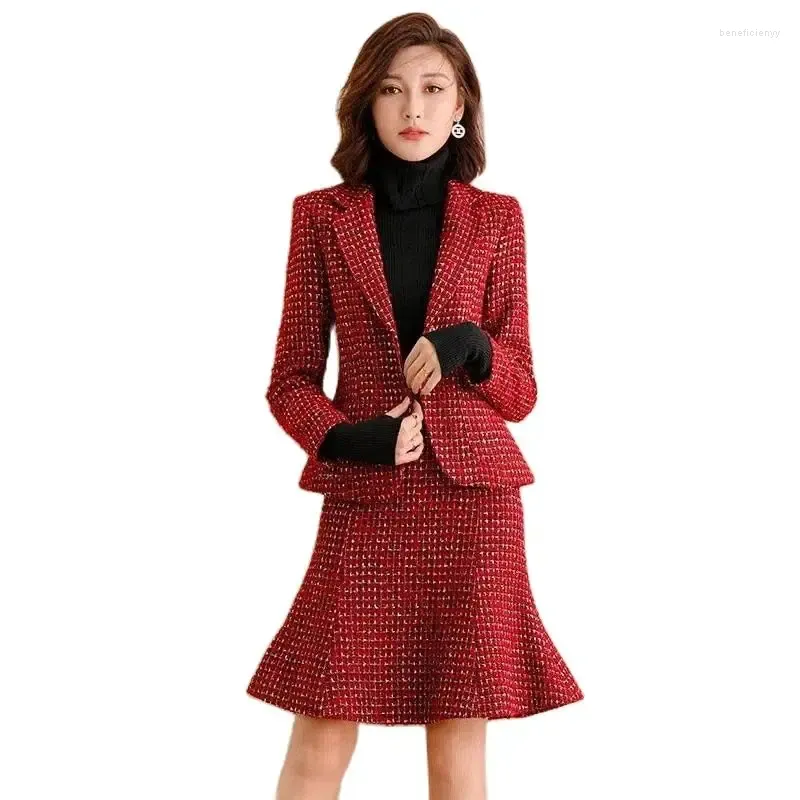 Work Dresses Celebrity 2024 Autumn Winter Woolen Suit Fashionable TweedJacket Red Fishtail Skirt Two-Piece Sets