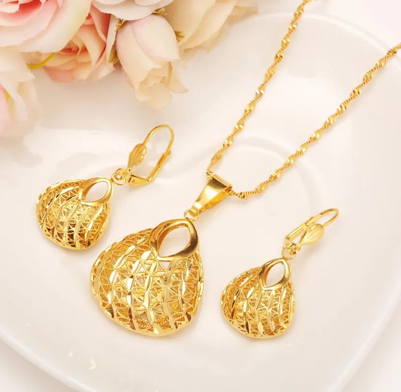 Modeväska hängande örhänge set kvinnor fest gåva riktig 24k gult fint guldfyllt halsband örhängen smyckesuppsättningar5710615