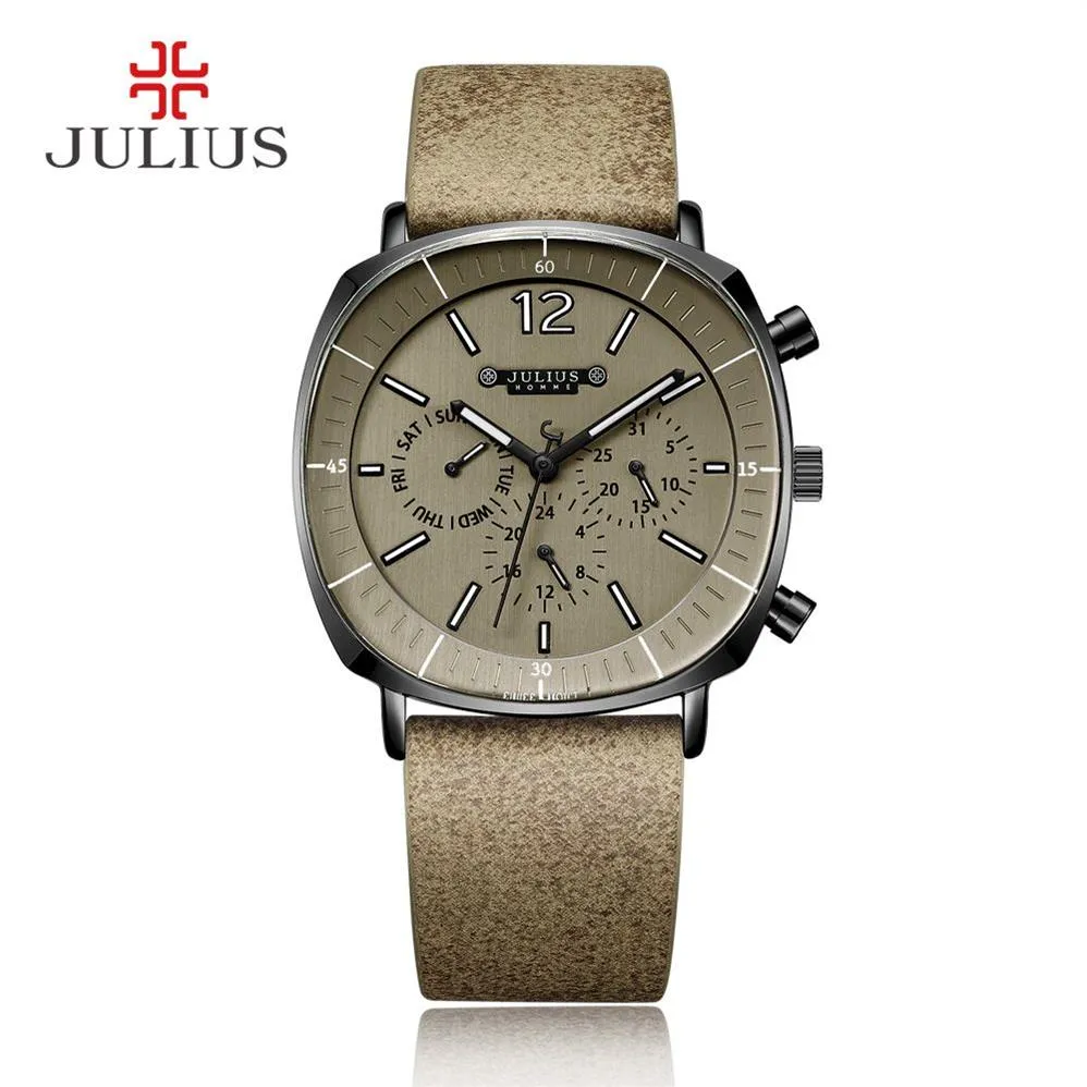 JULIUS Echte chronograaf heren zakelijk horloge 3 wijzerplaten lederen band vierkant gezicht quartz horloge horloge cadeau JAH-098240Z