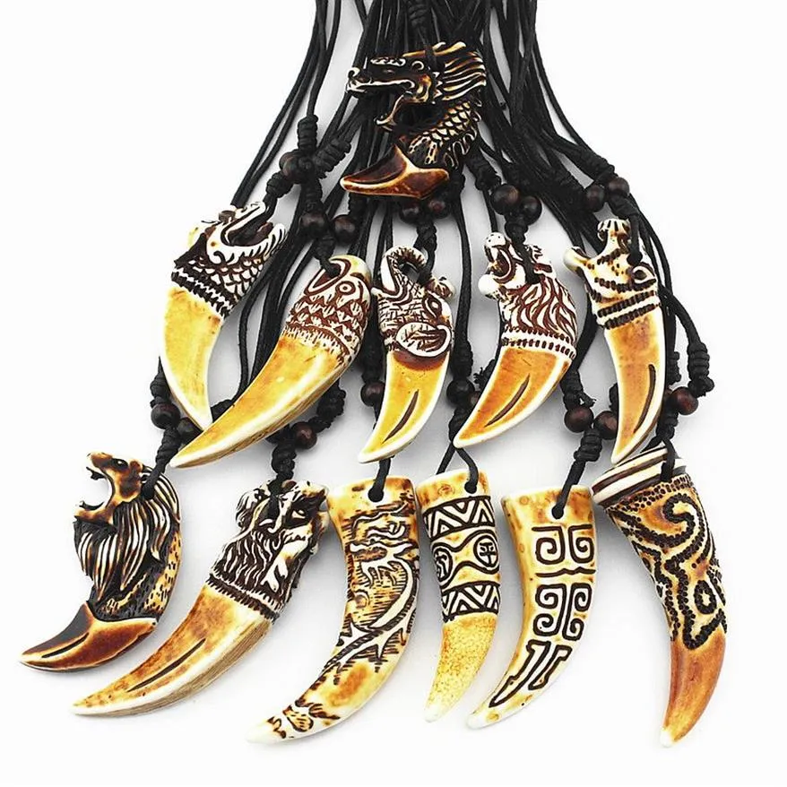 Ganze 50 Stück Halsketten Mix Lot Imitierte Knochenharz Anhänger Seil Kette Halskette Punk Modeschmuck Ethnischer Stil Tribal Ani282v