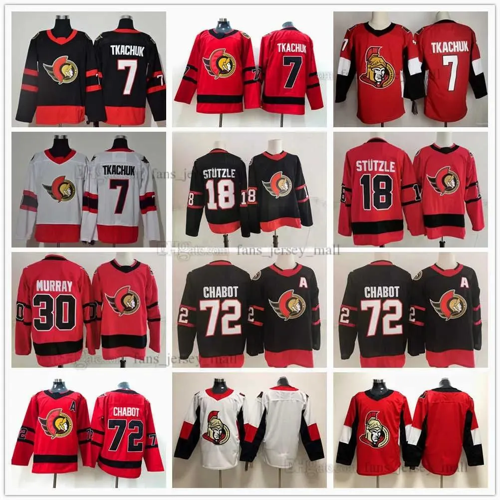 Tops CUSTOM Ice Hockey 7 Brady Tkachuk Jeresys 72 Thomas Chabot 18 Tim Stutzle 30 Matt Murray Jeresy Sans numéro de nom Rouge Noir Blanc