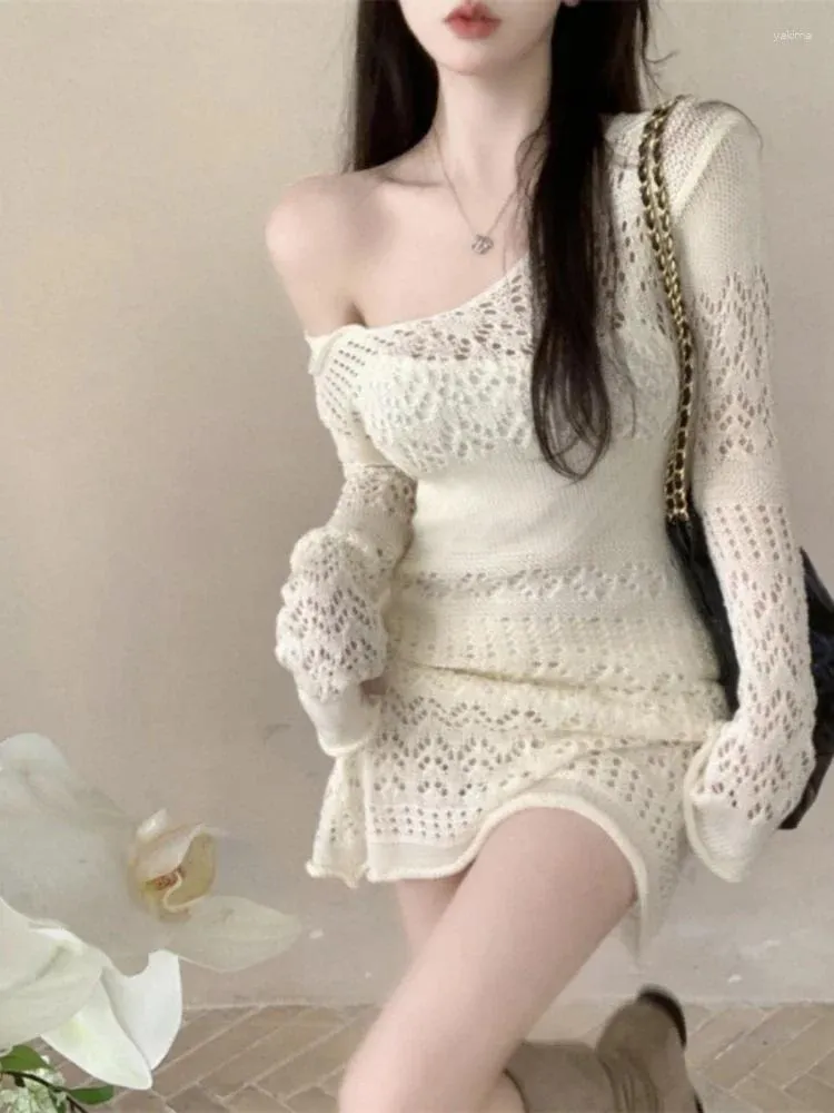 Casual Dresses Deeptown Coquette Korean Style White Knit Dress Women Y2K Fairycore Cut Out Long Sleeve Bodycone Mini Sexy Vestidos