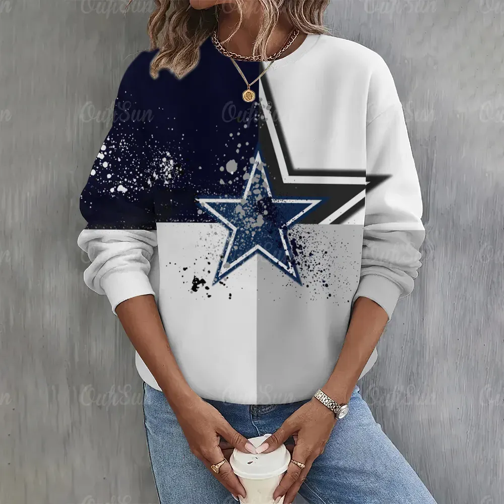 Sudadera informal con estampado de estrellas y cuello redondo para mujer, sudaderas con capucha de manga larga para el día del juego, sudaderas con gráficos de fútbol americano de gran tamaño