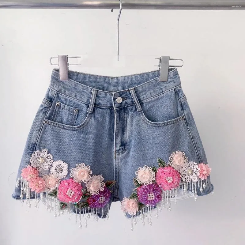 Shorts pour femmes personnalité perlée broderie déchiré gland denim pour femmes 2024 été pantalon court mince taille haute a-ligne jeans