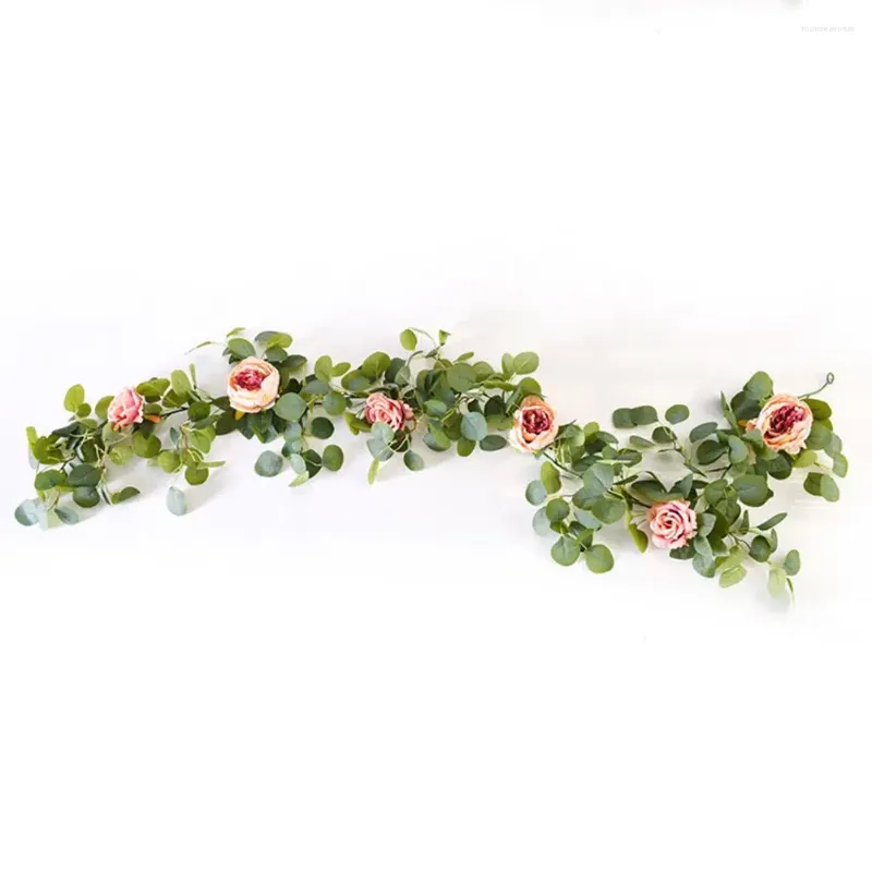 Dekorative Blumen Künstliche Pfingstrosenreben Hochwertige Blumendarstellung Realistische Rosen-Eukalyptus-Hängepflanzen für Zuhause