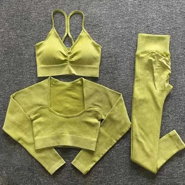 Women's Tracksuits 2/3PCS Seamless Washed Ribbed Yoga Sets Sports Fitness Crop Top Shirt Outfit Legggings Suits Workout Clothes Gym Sets for Women J240103