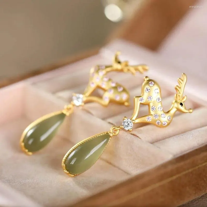Dangle Earrings S925 Sterling Silver Inlaid Natural Hetian Jade Gray Sika Deer Water Drop Fashion Personality Female E