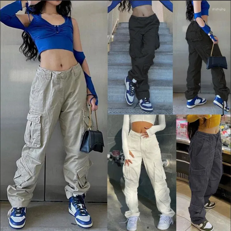 Jeans da donna Streetwear Cool Hip Hop Autunno Casual Moto Wahshed Baggy Pocket Cargo Pantaloni dritti Moda