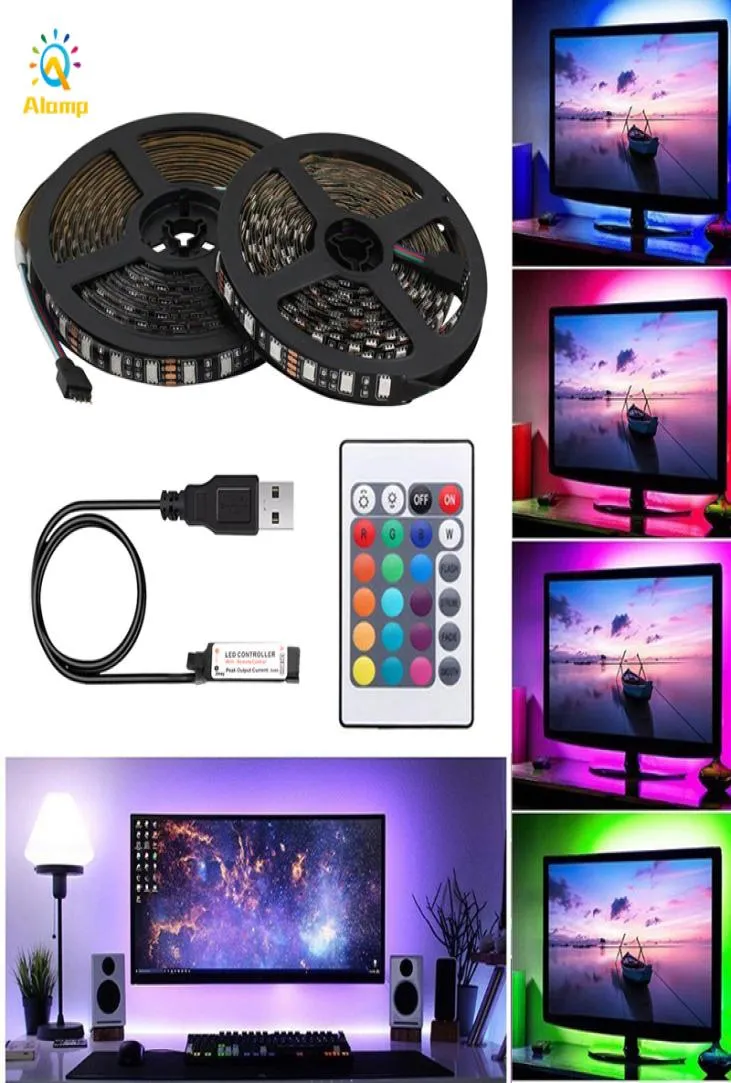 Bande lumineuse LED RGB 5050, étanche, DC5V, USB, 1M, 2M, 3M, 4M, 5M, 60LED, rétro-éclairage TV, lampe de décoration avec télécommande 1227950