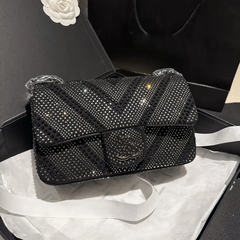 V-Stitch Full Diamonds Shiny Designer Shoulder Bag Classic Flap Black Silver Metal Hardware Matelasse Chain 25cm Evening Bags Purse Women Medium Cross Body Handbag