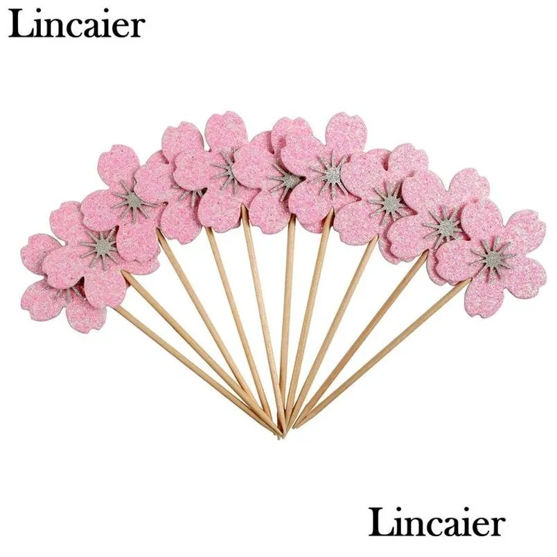 Cupcake Lincaier 10pcs أزهار الكرز الوردي أعلى القبعات الفتاة زخارف حفلة عيد ميلاد الأطفال Sakura Cake Supplies Flower Dro Dhhn1