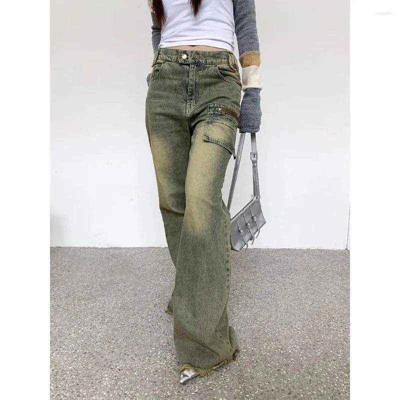 Kadınlar Kot Style Women's Jeanshigh Street Vintage iş kıyafetleri bf rüzgar düz 2024 bahar Amerikan ins net kırmızı pocke