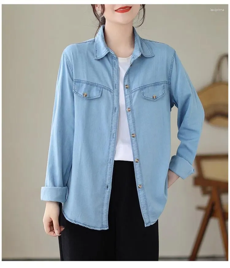 Women's Blouses Casual Wash Blue Denim Shirts Women Basic Single-Breasted Jeans 2024 Spring Tops Loose Fashion Lapel Cowboy Blusas
