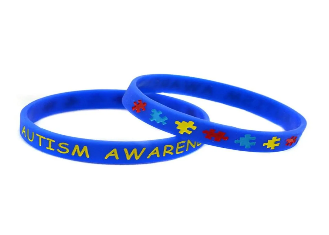 50pcs Autism Awareness Silikonowa Bransoletka gumowa zadeisana i wypełniona kolorową układanką Logo dla dorosłych rozmiar 5 kolorów 53149651595997