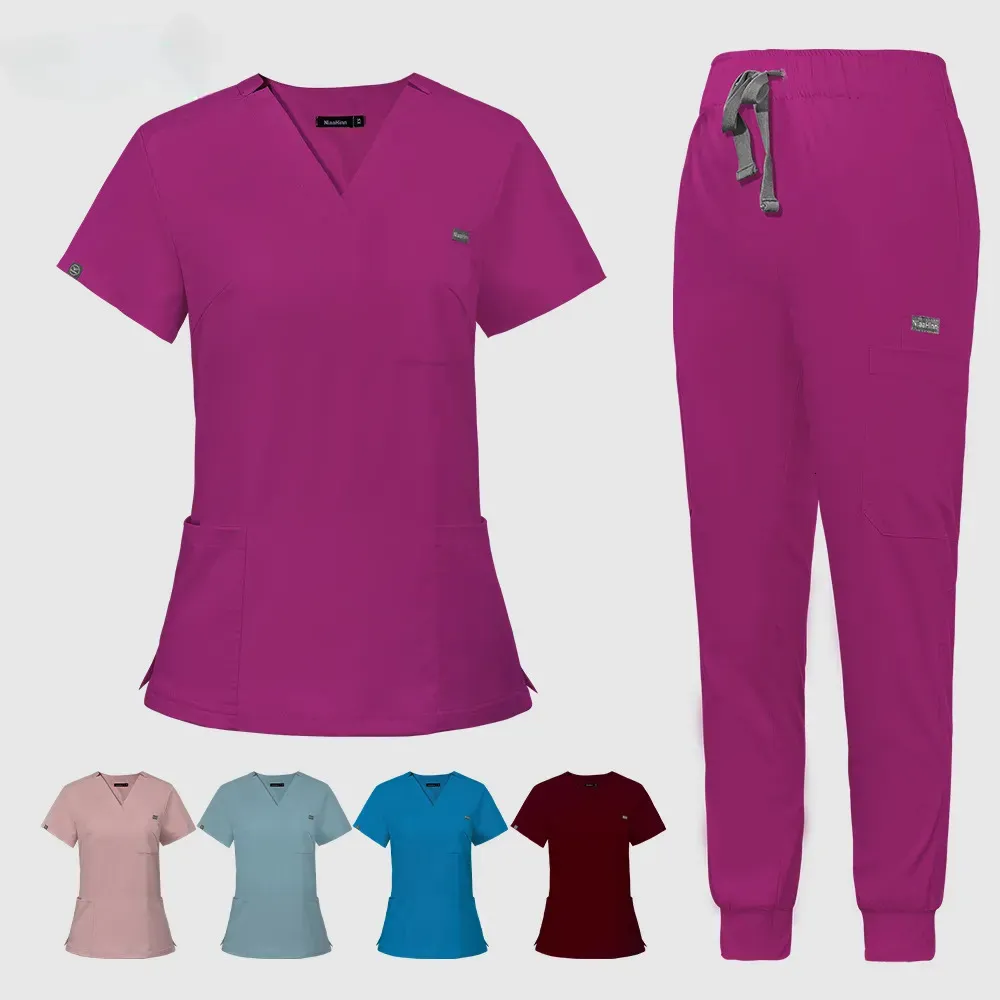 Multicolorido esfrega uniforme manga curta topspants enfermagem mulheres pet shop médico esfrega cirurgia workwear conjunto 240102