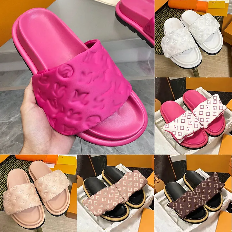 Słynne designerskie poduszki poduszki zjeżdżalni marka Man Man Slides All Black Pink Scuff Flat Sandals Mules Wyściełane przednie paski Mule Slowers