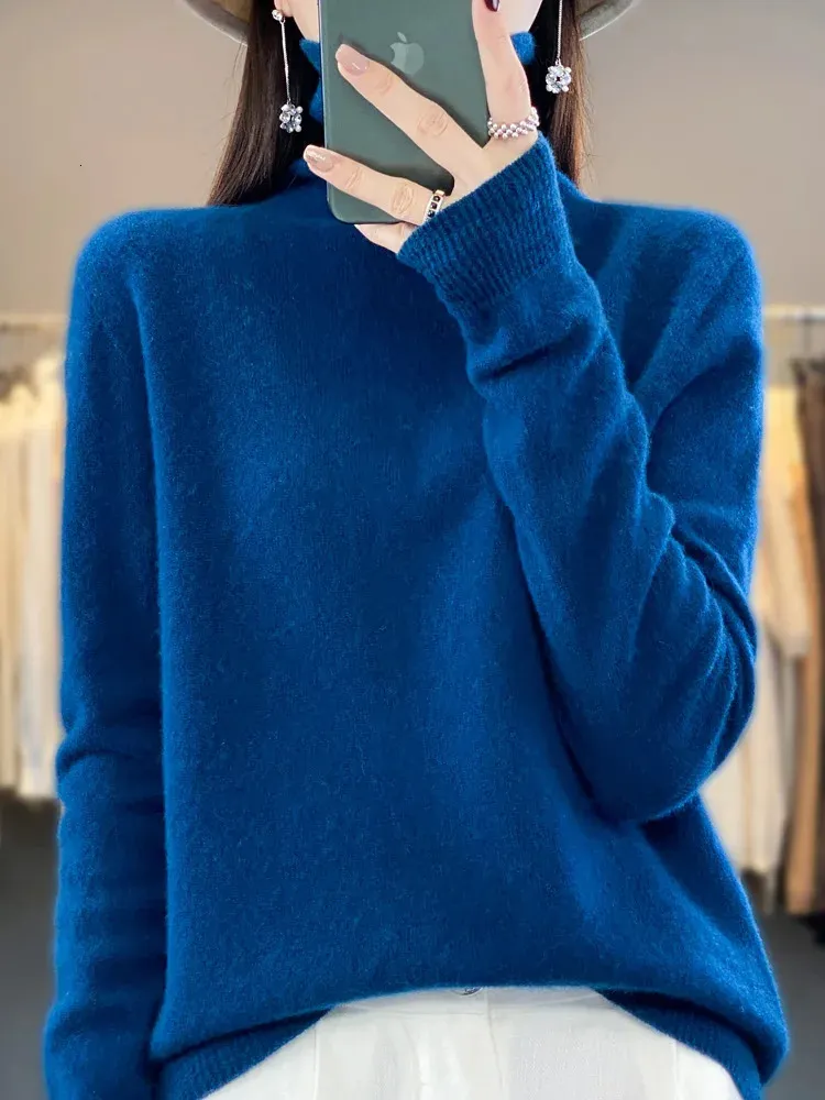 ファッション高品質の女性セーター100％ピュアメリノウールの女性服春秋のタートルネックトッププルオーバーニットウェア240103