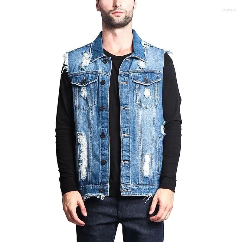 Herrjackor 2024 Summer Hole denim Vest Solid Cowboy Male's Fashion Sleeveless Jackess Style Style Man's Clothing D40