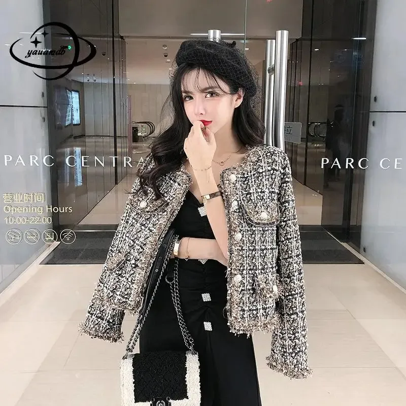 S-l Womens Woolen Coats Spring Autumn Female Blends Jackets O-Neck Slim Plaid Single Breasted Ladies Outerwear Top Clothes Hy64 240103